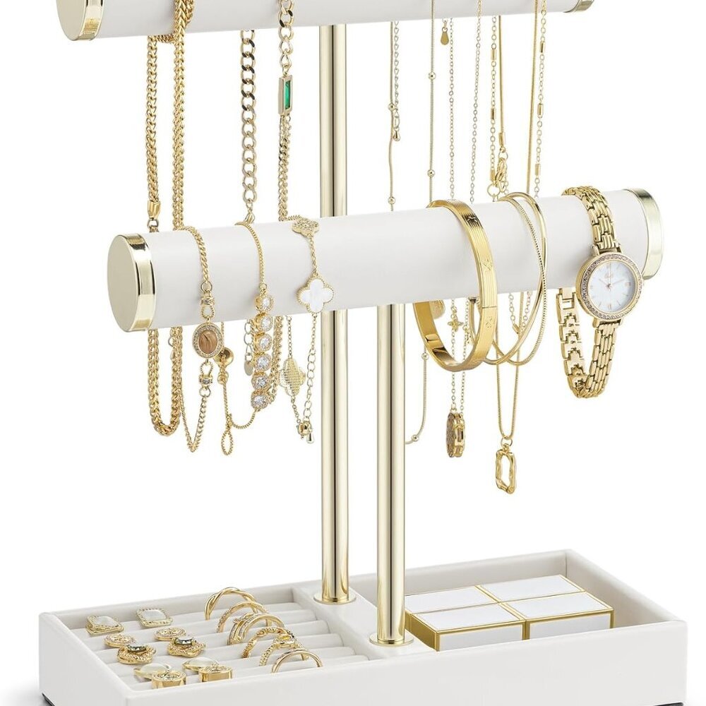 2 Tier Bracelet Holder Organizer with Tray - Leather Jewelry Stand Organizer for